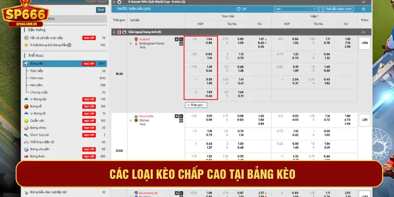Các loại kèo chấp cao tại bảng kèo